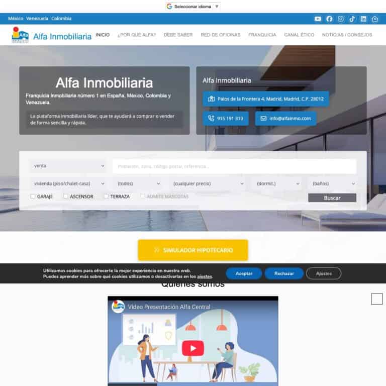 Interfaz web de búsqueda inmobiliaria Alfa