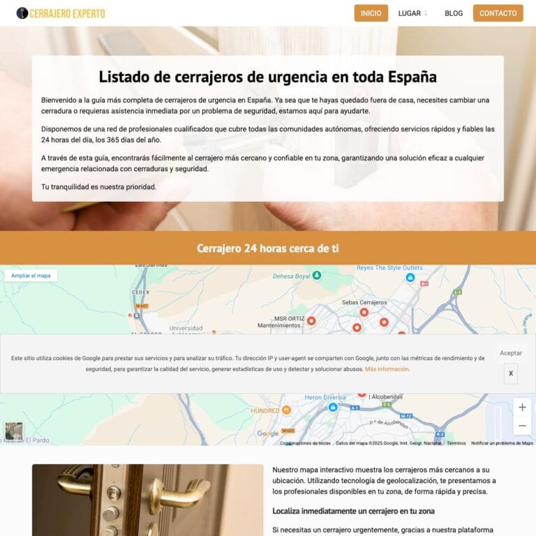 Página web de servicios de cerrajeros urgentes en España.
