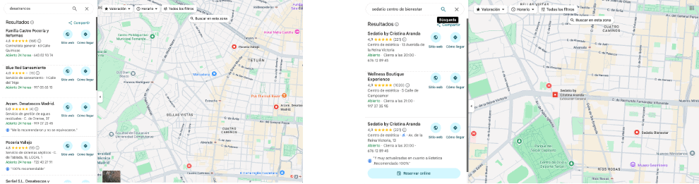 Resultados en mapa para desatascos y centros de bienestar.